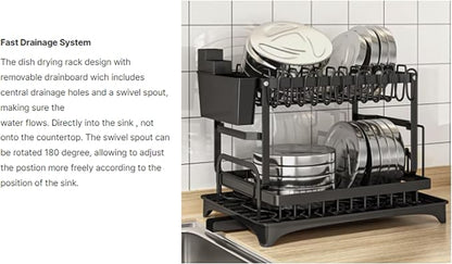 Vallary 2-Tier Dish Drying Rack with Drainboard – Rustproof Steel Kitchen Organizer with Utensil & Cup Holder, Cutting Board & Knife Stand – Space-Saving Countertop Dish Drainer (Black)