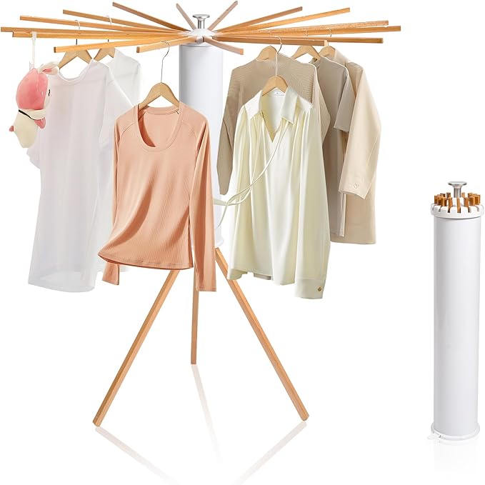Clothes Drying Rack, Foldable Wooden Tripod Drying Rack Clothing for Small Apartments Balcony Bedroom, Portable Space Saving Laundry Rack, Floor Standing with 16 Poles for Indoor Air Drying