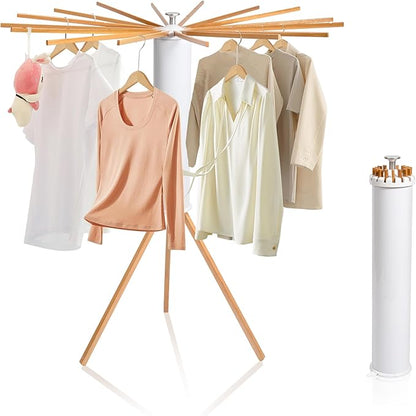 Clothes Drying Rack, Foldable Wooden Tripod Drying Rack Clothing for Small Apartments Balcony Bedroom, Portable Space Saving Laundry Rack, Floor Standing with 16 Poles for Indoor Air Drying