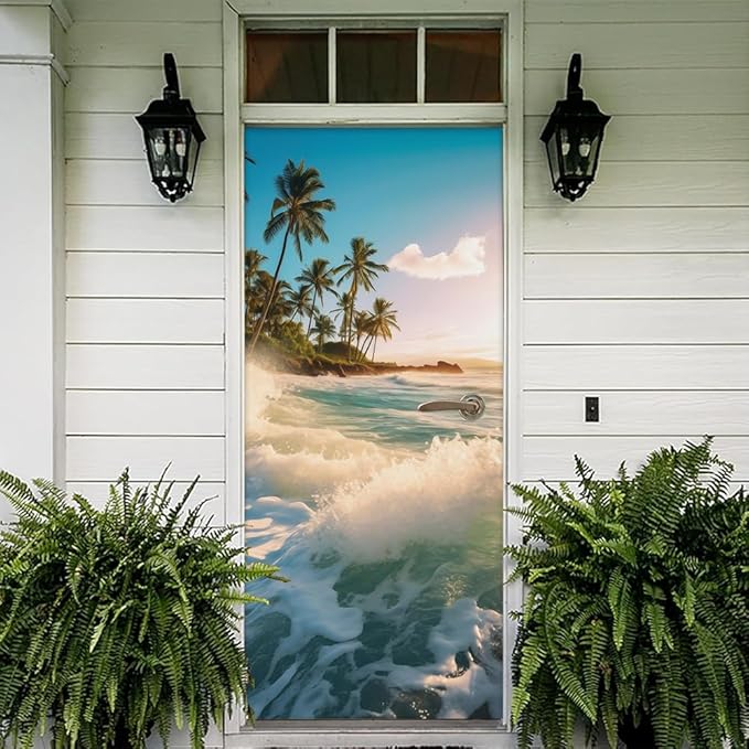 REDAMANCY Sea Wave Beach Shore Tree Peel and Stick Door Stickers Vinyl 3D Door Mural Decals Decor Wallpaper Self-Adhesive, Waterproof, Removable