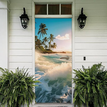 REDAMANCY Sea Wave Beach Shore Tree Peel and Stick Door Stickers Vinyl 3D Door Mural Decals Decor Wallpaper Self-Adhesive, Waterproof, Removable