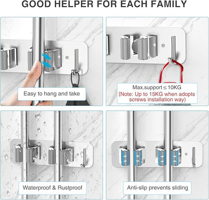 homeasy Wall Mount Mop and Broom Holder, Heavy Duty Stainless Steel Organizer Rack with Hooks | 4-Pack, 2-in-1 No Drill & Screw Installation, Silver