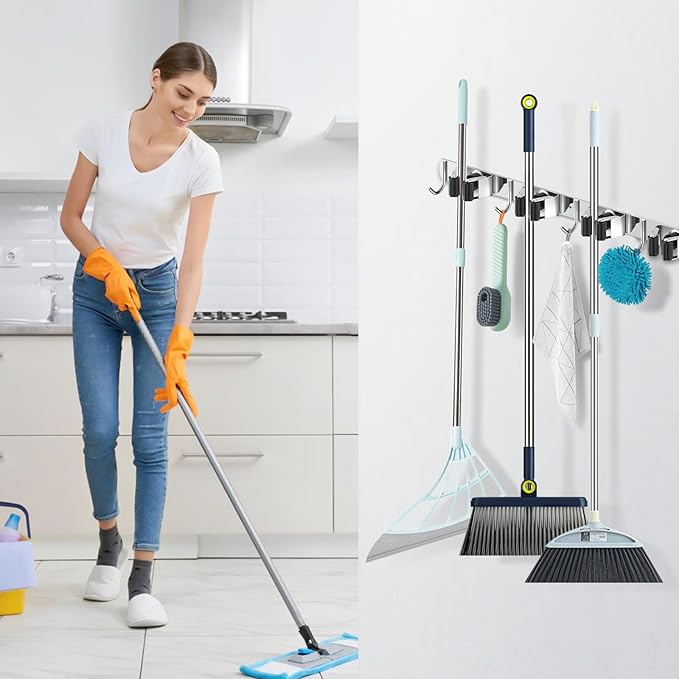 nacena 2 Pack Broom Holder Wall Mount Mop Hanger, Stainless Steel 4 Racks 5 Hooks Self Adhesive Heavy Duty Tool Organizer for Garage Kitchen Garden Laundry Room Home (Silver