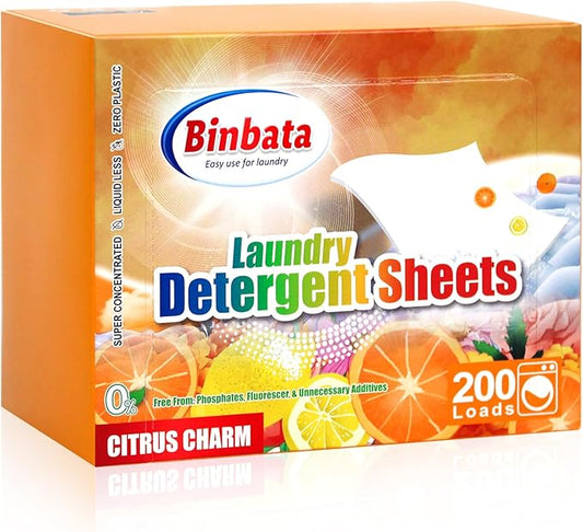Binbata Laundry Detergent Sheets, 200 Loads Citrus Charm Scent Hypoallergenic Eco-Friendly, Biodegradable Plastic Free Liquidless Laundry Sheets Suitable for Sensitive Skin