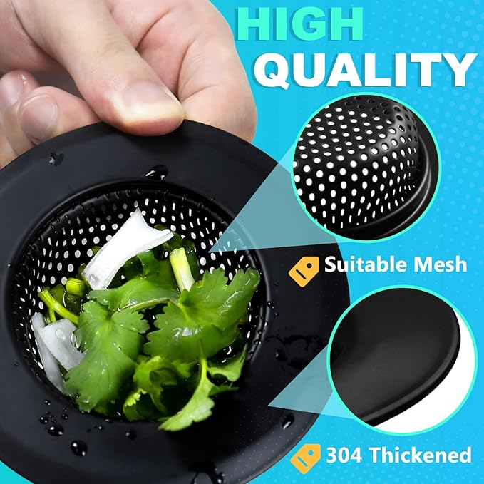 Sink Drain Strainer, 2 PCS Kitchen Sink Strainer - Upgraded Large Wide Rim 4.5" Diameter Stainless Sink Strainers for Kitchen Sinks, Suitable for Most Sink Drains, Anti Clogging - Regular Black