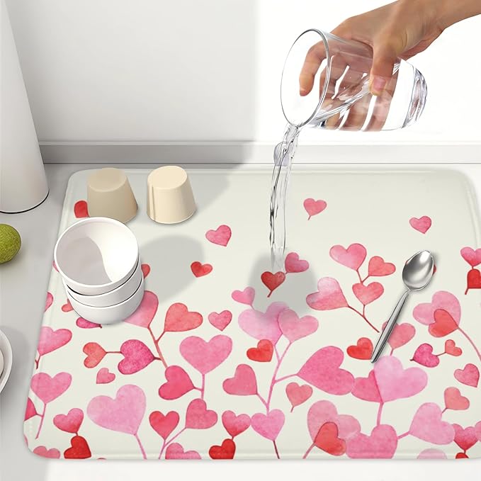 Valentine's Day Dish Drying Mat for Kitchen Counter Pink Love Heart Pattern Drying Mat 18x24 Inch Valentines Holiday Absorbent Dish Drainer Mat Kitchen Accessories