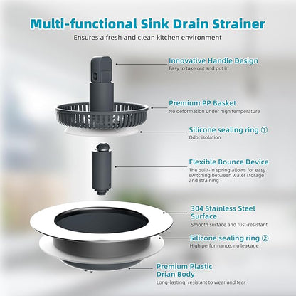 Hibbent 2 Pack 3 in 1 Kitchen Sink Drain Strainer, Stainless Steel Wrapped Shell Drain Stopper Combo, Pop Up Sink Stopper, Anti-Clogging Strainer with Foldable Handle for US Standard 3-1/2" Drain