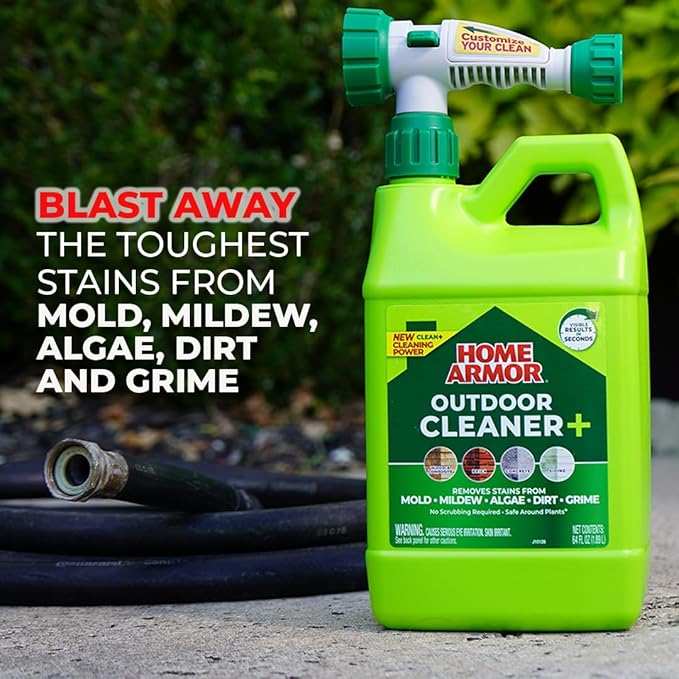 Home Armor Outdoor Cleaner+, 64 oz., Remove Stains from Mold, Mildew, Algae, Dirt and Grime for Visible Results in Seconds, No Scrubbing Required, Plant Safe When Used as Directed