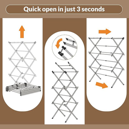 Collapsible Floor Drying Rack - Free Standing Accordion Laundry Dryer, Retractable Metal Clothes Hanger with Shoe Storage, Heavy Duty Rustproof Airer for Bathroom, Balcony & Delicates