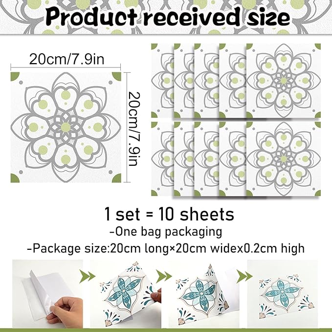 AM AMAONM 10pcs 20x20cm Removable Square Vintage Floral Pattern Tile Stickers 3D Decorative Peel and Stick Vinyl Self Adhesive Wall Tiles Decor Decals for Kitchen Backsplash Bathroom Furniture (D)