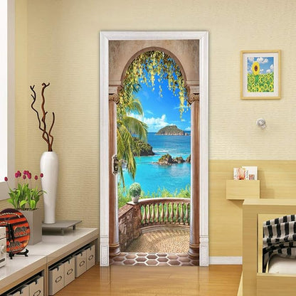 3D Door Stickers Murals - Landscape Peel & Stick Removable PVC Waterproof Poster 37.4" x 84.6" White Tropical Ocean Theme