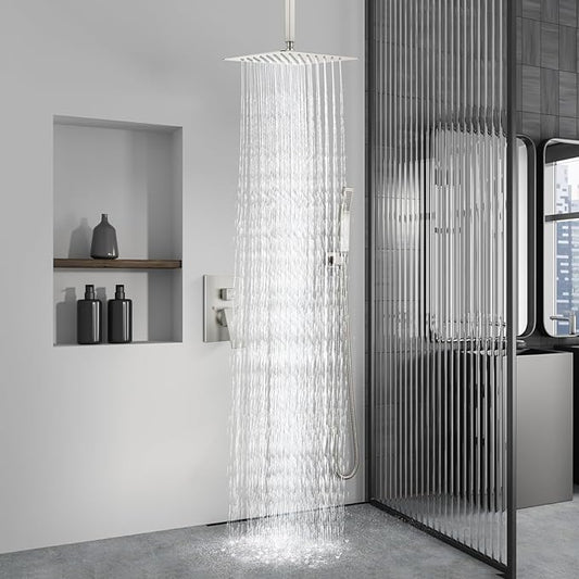 Aolemi Ceiling Mount Shower System Rain Shower Head with Handheld Spray High Pressure Shower Faucet Set Rough-in Valve Shower Trim Kit Included Bathroom Brushed Nickel 12 Inch Ceiling Shower Head