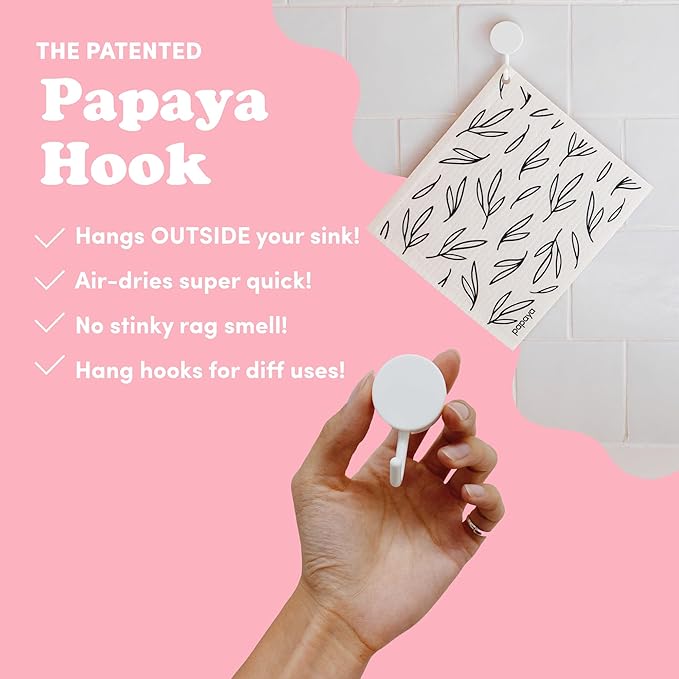 Papaya Reusable Paper Towels, Premium Swedish Dishcloths with Hook, Non-Scratch Reusable Paper Towel, 1 Sheet Replaces 17 Rolls - 4 Sheets, 2 Hooks