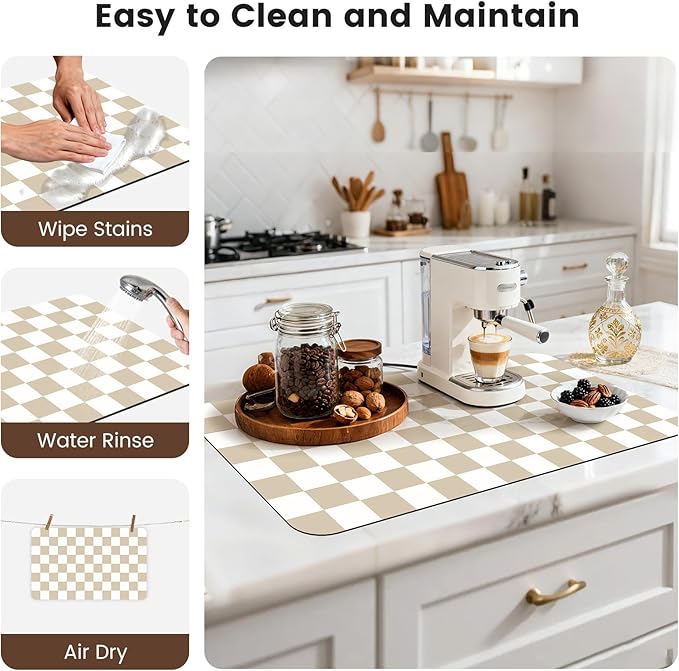 17" x 32" Checkered Dish Drying Mat for Kitchen Counter, Absorbent Coffee Bar Mat for Espresso Machine Coffee Countertops Accessories (Khaki)