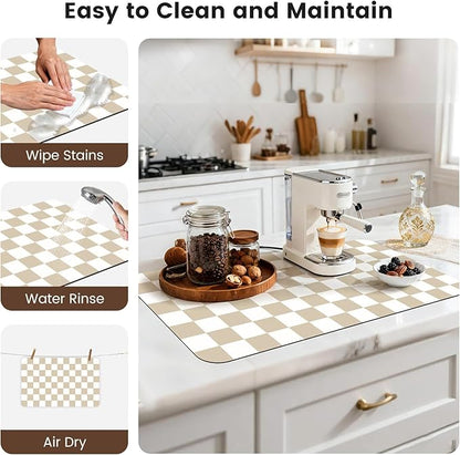 17" x 32" Checkered Dish Drying Mat for Kitchen Counter, Absorbent Coffee Bar Mat for Espresso Machine Coffee Countertops Accessories (Khaki)