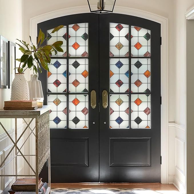 DKTIE Stained Glass Window Film Geometric Patterns, Fine Frosted Window Clings for Glass Windows, Waterproof for Bathroom Window Privacy Film Day and Night (S533, 35.4in X 78.7in)