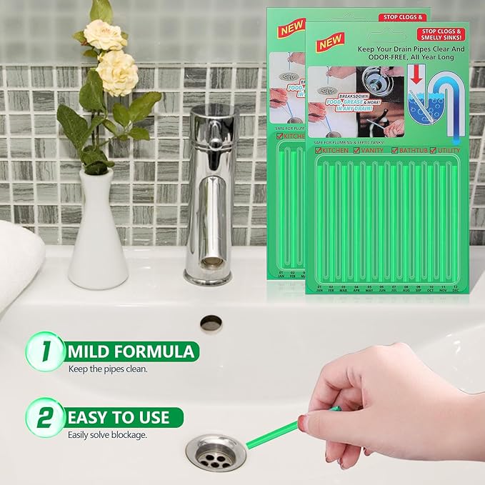 24pcs Drain Sticks Drain Cleaner Sticks Drain Sink Deodorizer Sticks Keep Your Drain Pipes Clear Keep Clogs for Kitchen Bathroom Toilet (Geen)