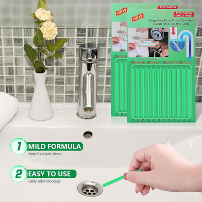 24pcs Drain Sticks Drain Cleaner Sticks Drain Sink Deodorizer Sticks Keep Your Drain Pipes Clear Keep Clogs for Kitchen Bathroom Toilet (Geen)