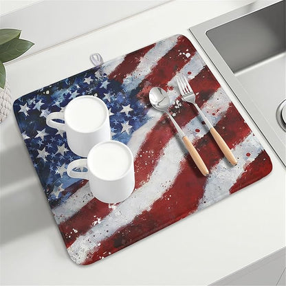 4th of July Dish Drying Mat 18x16 Inch, Patriotic Drying Mat with Absorbent Reversible Microfiber, Independence Day Dish Drainer Mats Memorial Day Rack Pad for Coffee Countertop Kitchen Protector