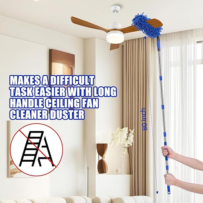 CALBEAU Ceiling Fan Cleaner Duster with 80" Extension Pole, Flexible and Washable Chenille Fan Duster for High Ceiling Fan Blades Light Fixtures Furnitures