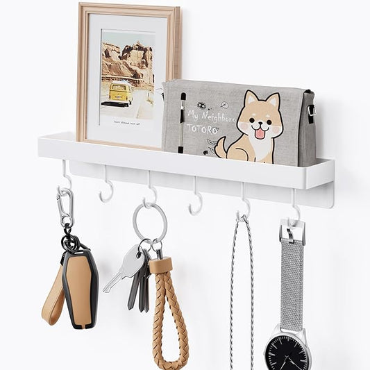 niffgaff White Key Holder Wall Mount, Stainless Steel Self Adhesive Hooks Rack with Shelf, No Drill Key Hanger for Door and Wall