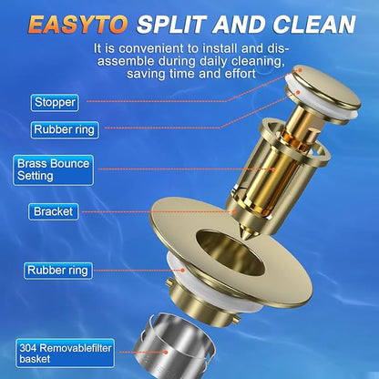 Sink Stopper Hair Catcher,(4PCS) Pop-up Sink Drain Strainer with Removable Stainless Steel Strainer Basket Hair Catcher, Bathroom Sink Strainer for Bathroom Sink Stopper Replacement (4, Brushed Gold)