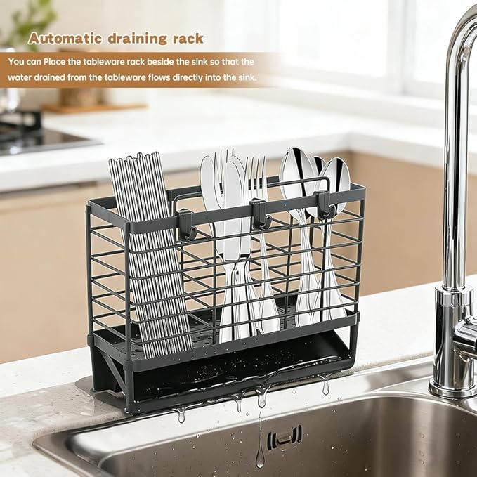 3-Compartment Dish Drying Rack for Kitchen, Carbon Steel Utensil Holder with Drain Tray, Utensil Caddy Organizer for Knives, Forks, Spoons, Chopsticks, Wall Mount or Countertop (Charcoal Grey)