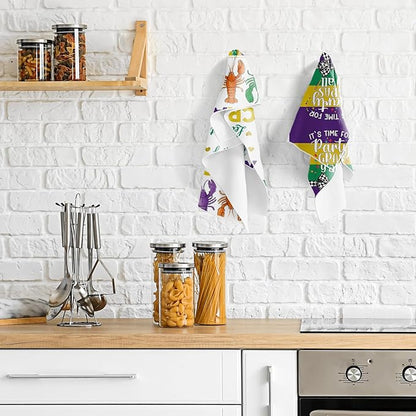 Mardi Carnival Gras Kitchen Towels, 4PCS Let's Get Cray Dish Towels for Cooking Cleaning, Gnome and Crawfish Absorbent Tea Towel with Hanging Loop for Home Decor(16 X 24 Inches)