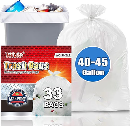Teivio Large Clear Trash Bags 40-45 Gallon 33 Counts Fit 39,40,45,Gal All Purpose Garbage Bags, Extra Large Lawn and Leaf Bags Outdoor Trash Can Liner, Drum Liners, Workshops, Backyard