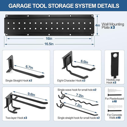 49.5'' Garage Tool Organizer Wall Mount 17PCS, 520lbs Heavy Duty Garden Tool Organizer with 14 Adjustable Hooks, Yard Tool Hanger for Shovel Rake Broom Ladder, Garage Wall Organization, Men Gift