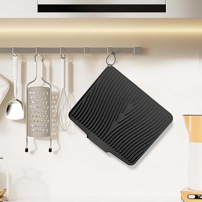Silicone Dish Drying Mat for Kitchen Counter, Non-Slip Drain Pad, Dish Drying Pad, Easy to Clean Dish Rack Pad, Multi-Use as Heat Resistant Trivet, 15.8" x 13" , Black