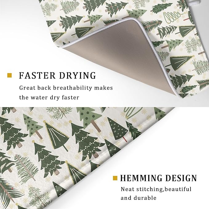 Christmas Dish Drying Mat for Kitchen Counter 18x24 Green Xmas Tree Block Print Winter Holiday Theme Absorbent Reversible Microfiber Drying Mats Kitchen Countertop Protector Dishes Drainer Pad