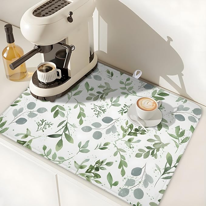 Spring Summer Sage Green Leaves Dish Drying Mat 16 x 18 Inch Spring Eucalyptus Leaf Dish Drainer Rack Mat Absorbent Microfiber for Holiday Kitchen Coffee Dining Bar Decor