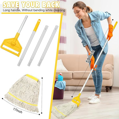 Commercial Mop Industrial Cotton Mop with Extra Replacement Head,Looped-End Heavy Duty String Wet Mops with Long Handle for Home,Garage,Office, Workshop, Warehouse Floor Cleaning