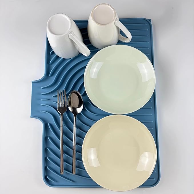 Dish Drying Mat for Kitchen Counter, with Built-in Drain Lip, Food-Grade Silicone, Easy Clean Pad for Countertop Protection, Multi-Functional Use (18x11.8, Light Blue)