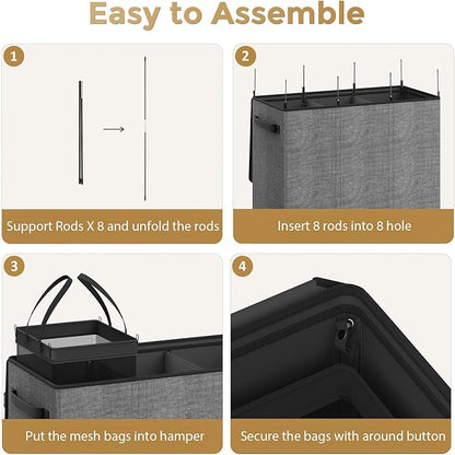 180L Laundry Hamper 3 Section, Large Laundry Hamper with Lid, Dirty Clothes Hampers with Handles, Laundry Basket Organizer for Laundry, Bedroom, Bathroom, Laundry Sorter Baskets, Grey