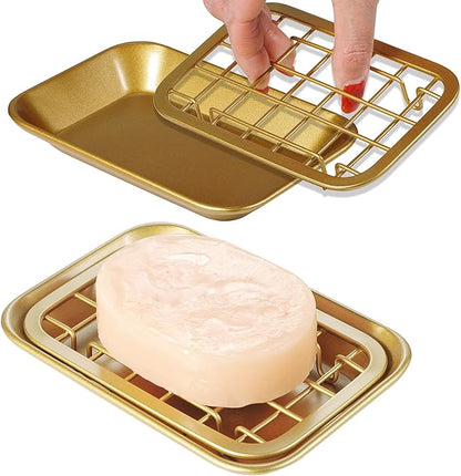 Kitchen and Bathroom Soap Dish Tray - Metal 2-Piece Soap Dish Tray with Drainage Grid and Holder for Kitchen Sink Countertops to Store Soap, Sponges, Scrubbers - Rust Resistant (2 Pack, Gold)
