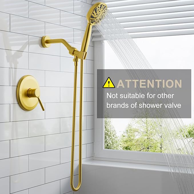 Gold Shower Faucet Set, Single-Handle Shower Kit with Rough-In Valve，6-Mode ABS Handheld Spray, Shower Combo System, Complete Trim Kit, Brushed Gold(without tub spout, Brushed Gold)