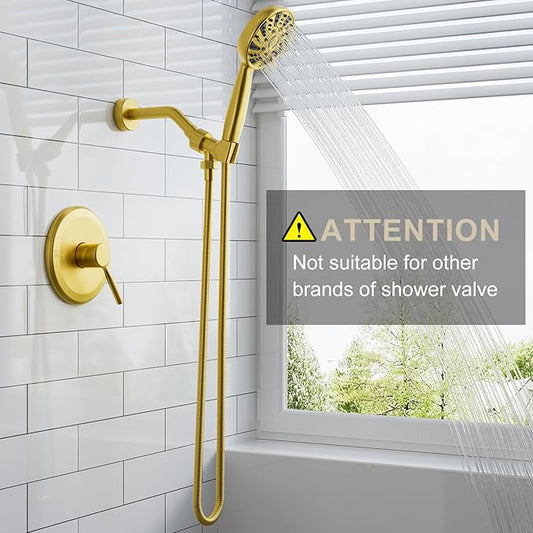 Gold Shower Faucet Set, Single-Handle Shower Kit with Rough-In Valve，6-Mode ABS Handheld Spray, Shower Combo System, Complete Trim Kit, Brushed Gold(without tub spout, Brushed Gold)