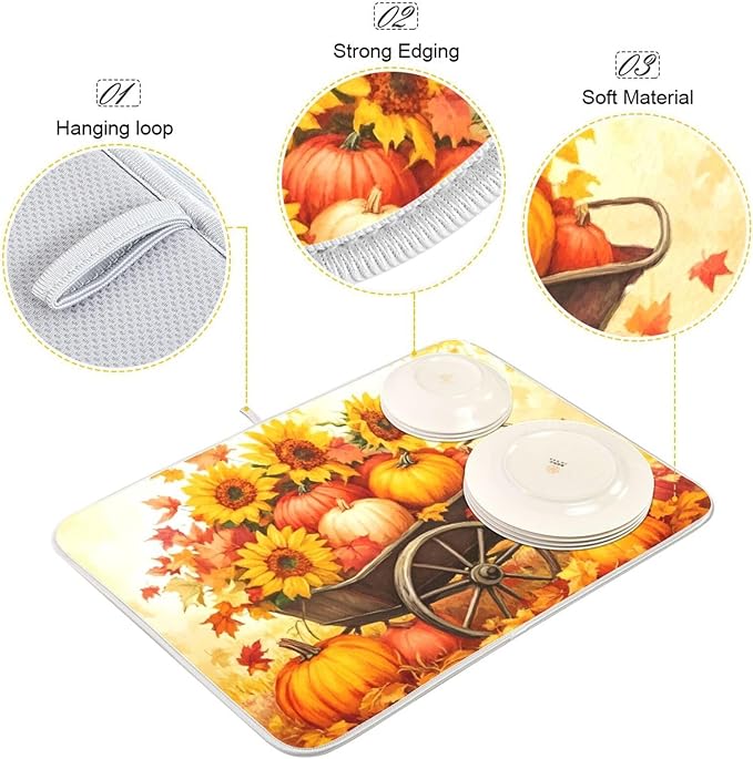 Pumpkin Sunflower Autumn Thanksgiving Dish Drying Mat for Kitchen Counter Absorbent Microfiber Drying Pad, Medium 16x18 in