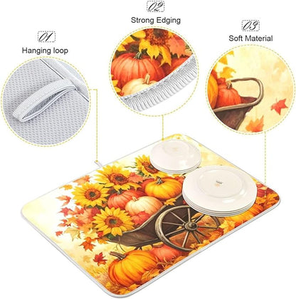 Pumpkin Sunflower Autumn Thanksgiving Dish Drying Mat for Kitchen Counter Absorbent Microfiber Drying Pad, Medium 16x18 in