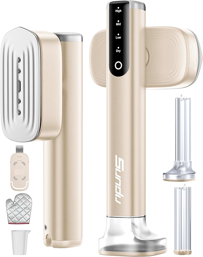 Travel Steamer for Clothes,Sundu Portable Handheld Garment Steamer,15s Fast Heat-up,2 Water Tanks (180 ml and 100 ml),Steamer Ironing Gloves,45 Minutes of Continuous Ironing for Travel,Home(Pale Gold)