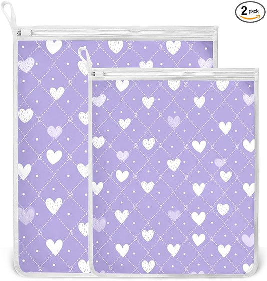 Mesh Laundry Bags Lingerie Bags for Washing Delicates 2 PCS Durable Wash Bag with Zipper Small and Medium Washable Diamond Grid Purple Hearts