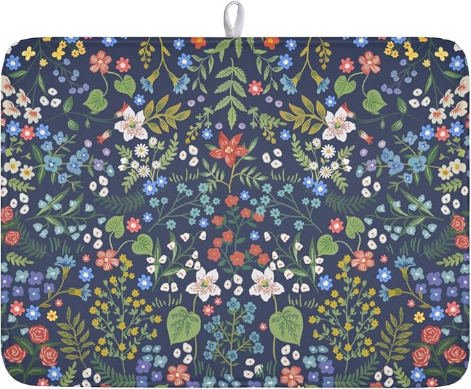 Flower Floral Dish Drying Mat 18x24 inch Microfiber Navy Blue Drying Mats with Hanging Loop Absorbent Green Leaves Dish Drainer Mat Reversible Flowers Drying Pad for Kitchen Counter Sink