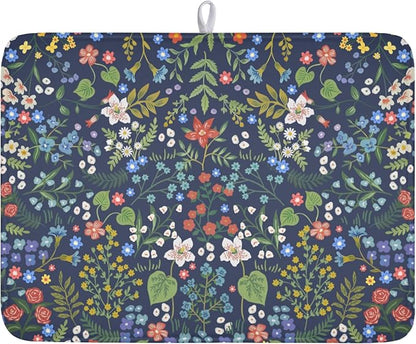 Flower Floral Dish Drying Mat 18x24 inch Microfiber Navy Blue Drying Mats with Hanging Loop Absorbent Green Leaves Dish Drainer Mat Reversible Flowers Drying Pad for Kitchen Counter Sink