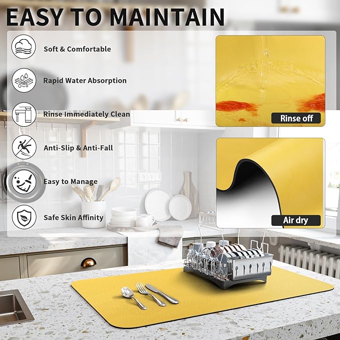 HotLive Dish Drying Mat for Kitchen Counter, Heat Resistant Drainer Mats with Non-slip Rubber Backed, Hide Stain Kitchen Super Absorbent Draining Mat, Easy to Clean Dish Rack Pad, Yellow 18"x28"