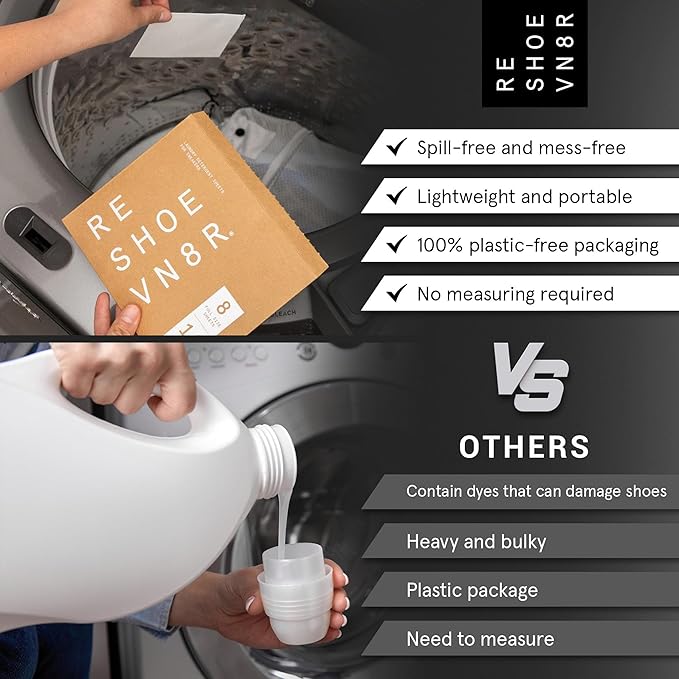 RESHOEVN8R Shoe Wash Detergent Sneaker Laundry Sheets – 16 Loads, Cleans 48 Shoes – Eco-Friendly Shoe Cleaner for Washer – Safe on All Shoes, Laces and Other Shoe Materials