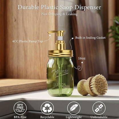 Amolliar Plastic Mason Jar Soap Dispenser with Pump Lid,16OZ Refillable Hand Soap Dispenser Set with Cute Lables - Farmhouse Decor for Kitchen Bathroom, Liquid Soap, Dish Soap, Lotion (2 Pack, Green)