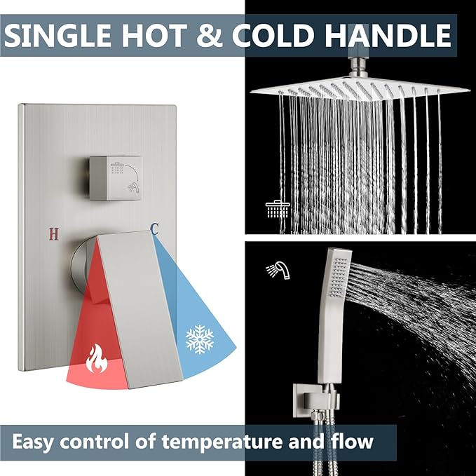 Aolemi Ceiling Mount Shower System Rain Shower Head with Handheld Spray High Pressure Shower Faucet Set Rough-in Valve Shower Trim Kit Included Bathroom Brushed Nickel 16 Inch Ceiling Shower Head