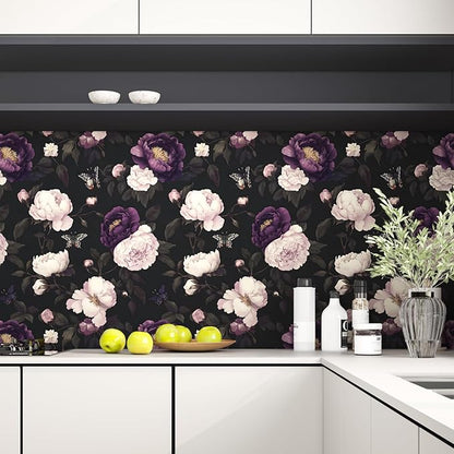 Dark Purple Floral Peelable Wallpaper, Vintage Black Botanical Flower Self Adhesive Removable Wall Paper for Bedroom Cabinet Drawer, Vinyl Retro Contact Paper Black Dark Purple 17.5In x 118In